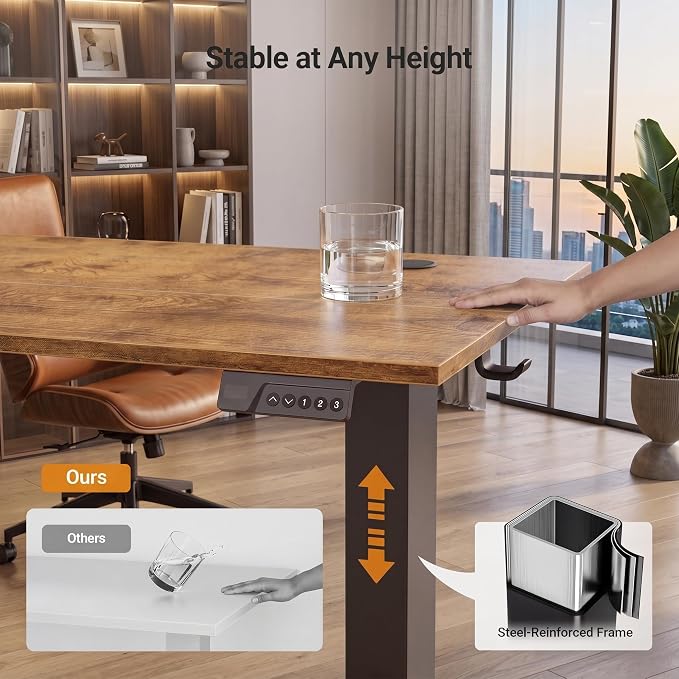 Claiks 48 x 24 Inch Rustic Brown Electric Standing Desk | Adjustable Height, Sit Stand, 3 Memory Presets, Cable Management, Spacious Ergonomic, Home Office & Bedroom