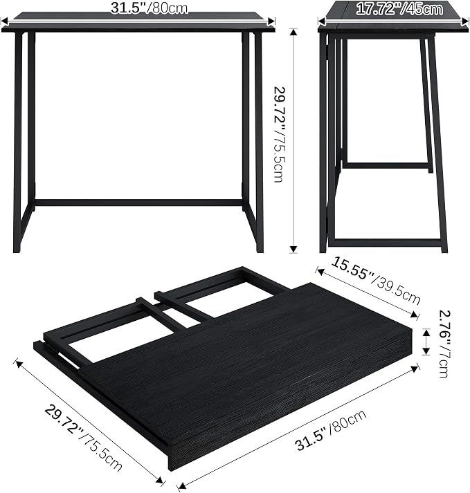 4NM 31.5" Small Folding Desk, Foldable Computer Home Office Desk, Study Writing Table for Small Space Saving Bedroom, Easy Assembly - All Black