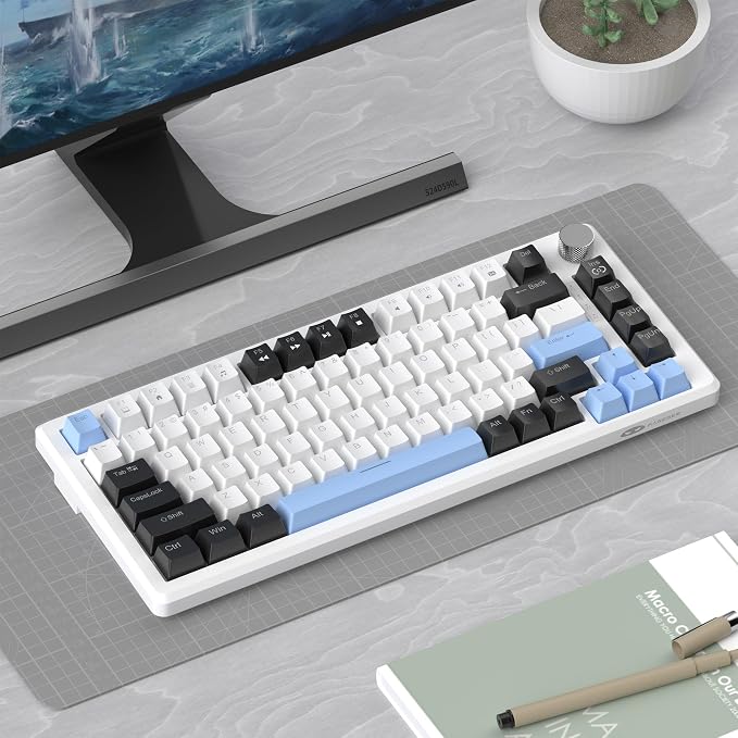 MageGee 75% Mechanical Gaming Keyboard, Compact Blue Backlit Wired Gaming Keyboards with Brown Switches, EVA Foam, Knob Control, STAR75 Portable NKRO PC Gaming Keyboard - White & Blue