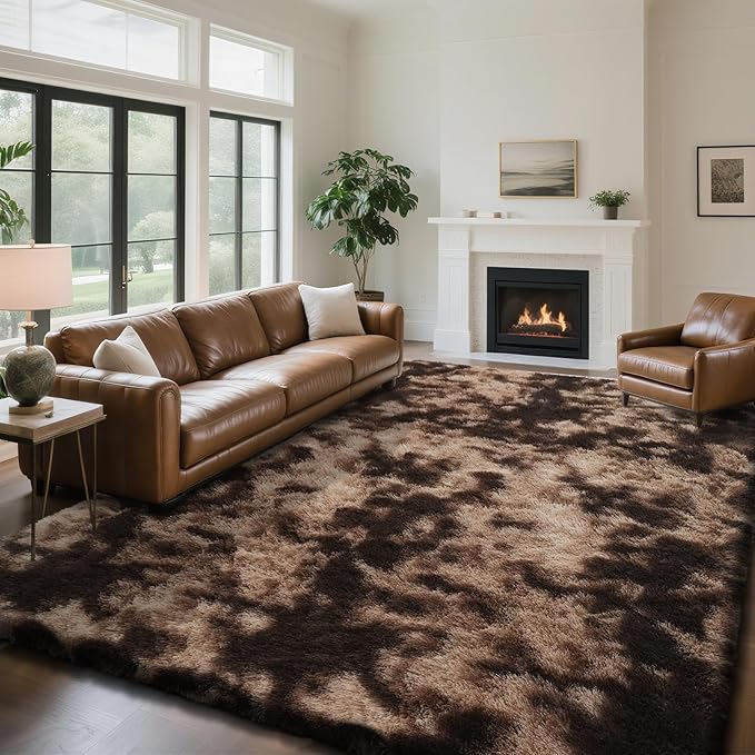 yongyangjuxin Fluffy Rug Shag Area Rug, Mottling Brown 10x14 Area Rugs for Bedroom, Super Soft Shag Rugs for Living Room Bedroom Room Home Decor, Upgrade Anti-Skid Rectangular Fuzzy Rug
