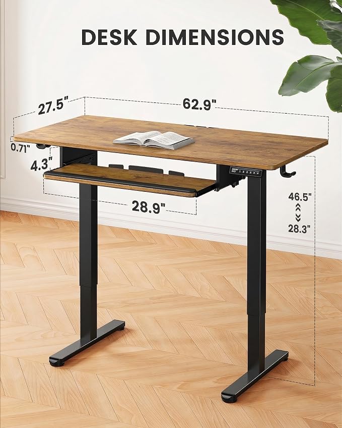 ErGear Large Electric Standing Desk with Keyboard Tray, 63x28 Inches Large Adjustable Height Sit Stand Up Desk, Home Office Desk Computer Workstation, Vintage Brown