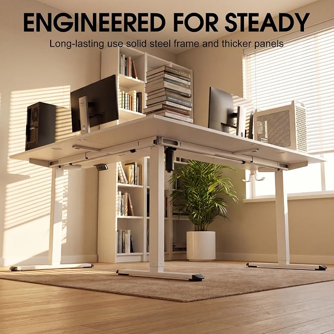 Furmax 63 x 48 Inch L Shaped Standing Desk with 2 Preset Heights, Electric Height Adjustable Computer Table, 2 Hooks & Feet Balance, Corner Sit Stand Desk for Home Office (White, 63 x 48 Inch)