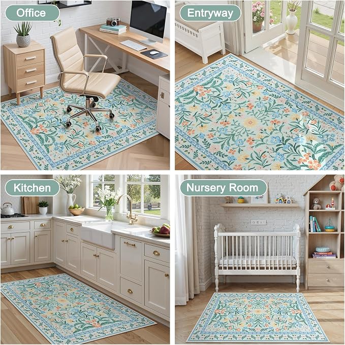Anidaroel 48"x60" Office Chair Mat for Hardwood Floor/Tile, Anti-Slip Floral Floor Mat for Office Chair, Tea Green Desk Chair Mats for Hardwood, Low Pile Floor Protector for Rolling Chairs
