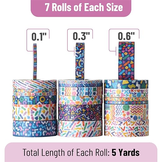 Mr. Pen- Washi Tape Set, 21 Rolls, Assorted Sizes, 5 Yards/Roll | Washi Tape for Scrapbook, Arts, Crafts, Journals and Planners, Geo Labyrinth