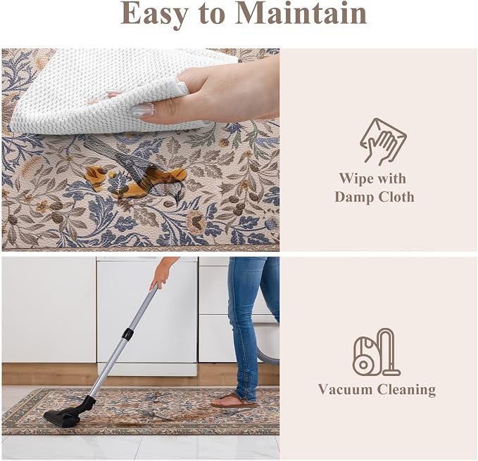 KIMODE Kitchen Mats for Floor Anti Fatigue,Cushioned Runner Rug | 23.6"x71",Khaki Beige,Floral Bird Boho Runner Rug Non Slip ,Wide Long Padded Kitchen Floor Mat for Laundry Sink Office Home