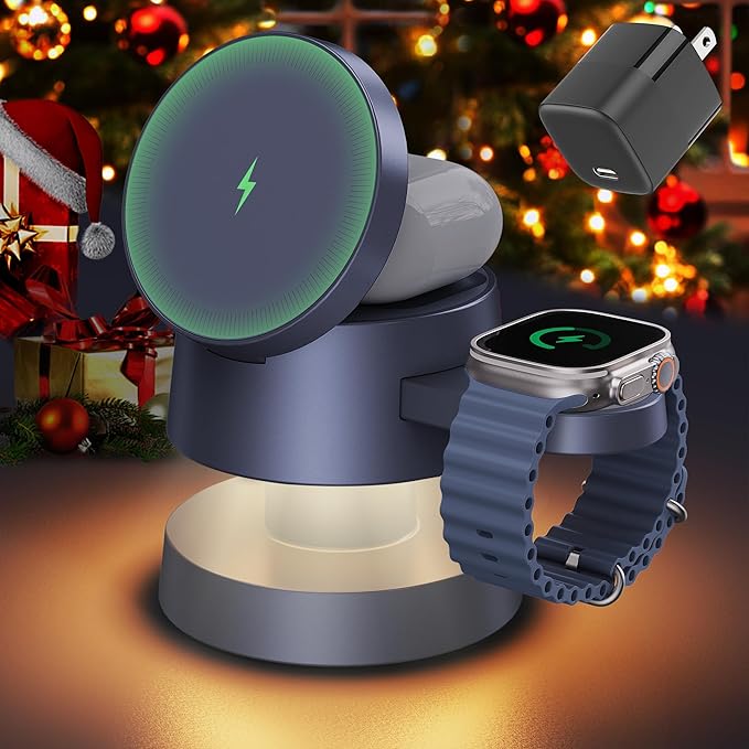 iVANKY 15W Fast 4 in 1 MagSafe Wireless Charger Station with Night Light, 3 in 1 Fast Charging Stand for iPhone 17e/17/16/15/14/13 Pro Max Air, Apple Watch, Airpods（Includes 33W Adapter） ﻿ ﻿