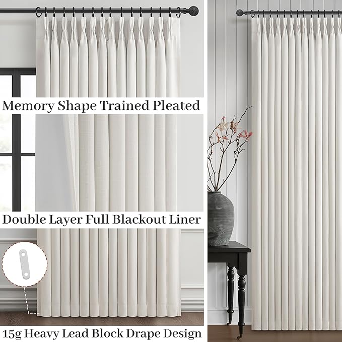 PleatedDrapes 100% Blackout Curtains 78 Inches Long 2 Panel Set for Nursery, Memory Trained Pinch Pleated Linen Off White Modern Window Drapes Thermal Room Darkening 78 Inch Double Layer Thick Curtain