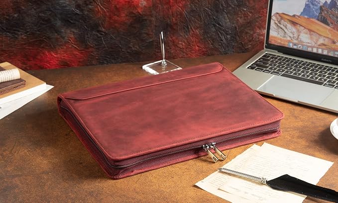 Personalized Genunie Leather Portfolio Binder, Customized Leather Portfolio for Men,3 Ring Binder Business Portfolio for Women, Organizer for A4 Legal Sized Notepad, Customized Gift, Red