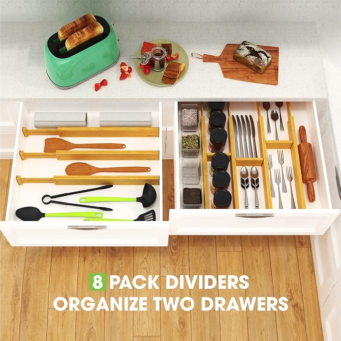 Bamboo Drawer Dividers Organizers 16pcs, Expandable Drawer Separators Splitter, 17-22 inches Long Adjustable Spring-loaded Organizer for Large Utensil, Clothes, Tools Drawers (8+8)