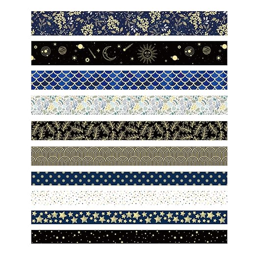 Creative Washi Tape Set 10 Rolls Gold Foil Print Decorative Masking Tapes for Arts, DIY Crafts, Journals, Planners, Scrapbook, Wrapping (Black Mashup)