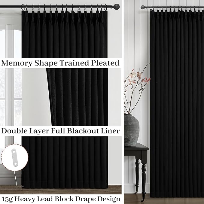 Floor to Ceiling Black Linen Curtains 102 Inches Long for Dining Room 2 Panels Set, Full Blackout Pinch Pleated Thermal Heat Reducing Drapes with Hooks for 100-102 Inch Large Window Double Layer Burg