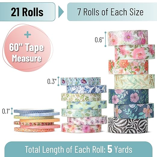 Mr. Pen- Washi Tape Set, 21 Rolls, Assorted Sizes, Floral Vintage | 5 Yards/Roll, Washi Tape for Scrapbook, Arts, Crafts, Journals and Planners