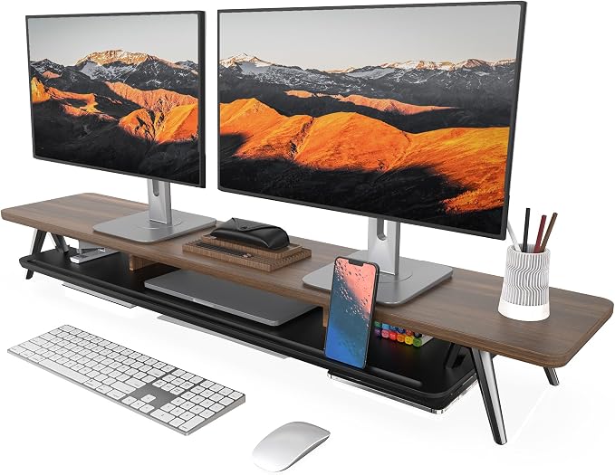 Fenge Dual Monitor Stand Riser, Wooden Desk Shelf with 2-Tier Storage | 47.3-Inch Extra Wide, Sturdy Aluminum Legs, Built-In Phone & Tablet Slot, Desktop Organizer for Office Accessories