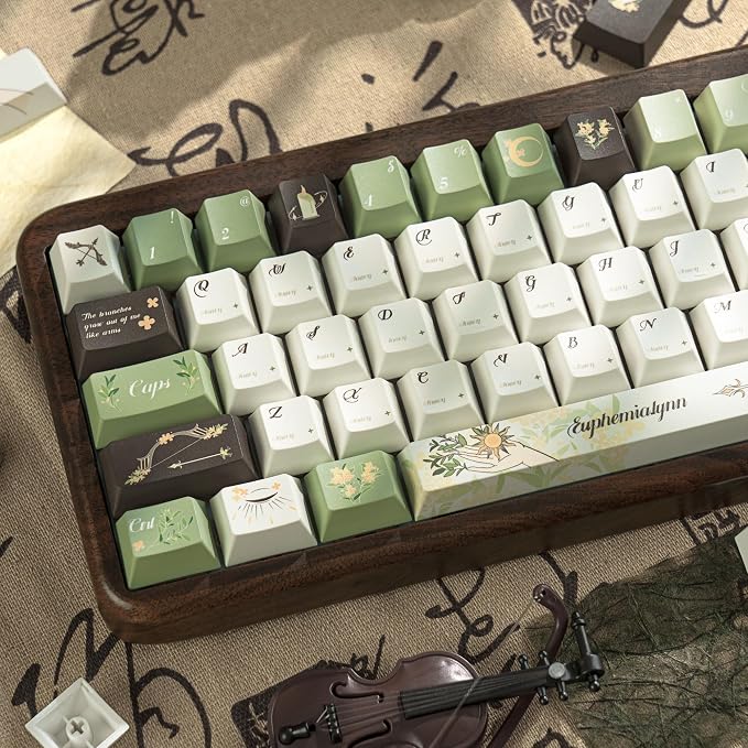 150 Keys Green PBT Keycaps, Laurel Theme Custom Keycap Cherry Profile, Dye-Sublimation Keycaps Set for 61/64/68/84/87/100/104/108 Cherry MX Mechanical Keyboards