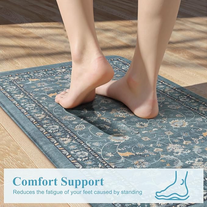 KIMODE Kitchen Floor Mat Anti Fatigue, Cushioned Kitchen Rug 2 Piece | Blue,Memory Foam Kitchen Mat for Floor Cushioned ,Boho Vintage Floral Kitchen Rug Non Slip for Laundry Sink Office Home Decor