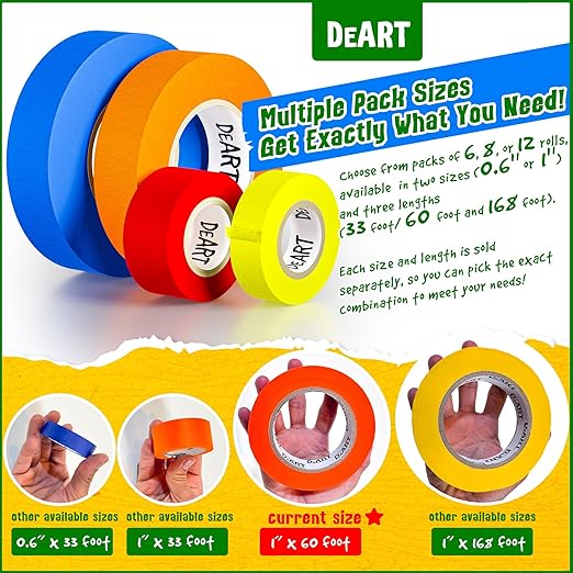 DEART Colored Masking Tape Painters Tape Writable 12, 8 or 6 Pack - 1 inch or 0.6 Inches for Arts & Crafts Labeling, Coding, Art Supplies, Whiteboard Tape, Craft Supplies (6, 1 in Large (20 Yd))