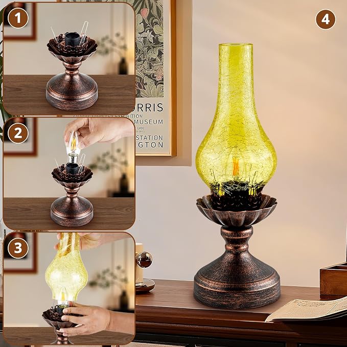 Vintage Table Lamp,Touch Control & 3-Way Dimmable Rustic Retro Farmhouse Bedside Lamp with Amber Glass Shade and LED Bulb for Bedroom, Living Room, Cabin, Office