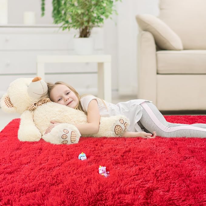 9x12 Area Rugs for Living Room, Red Fluffy Shaggy Rug Soft Carpets, Big Rugs for Bedroom Nursery Kids Room Dorm Home Decor Aesthetic