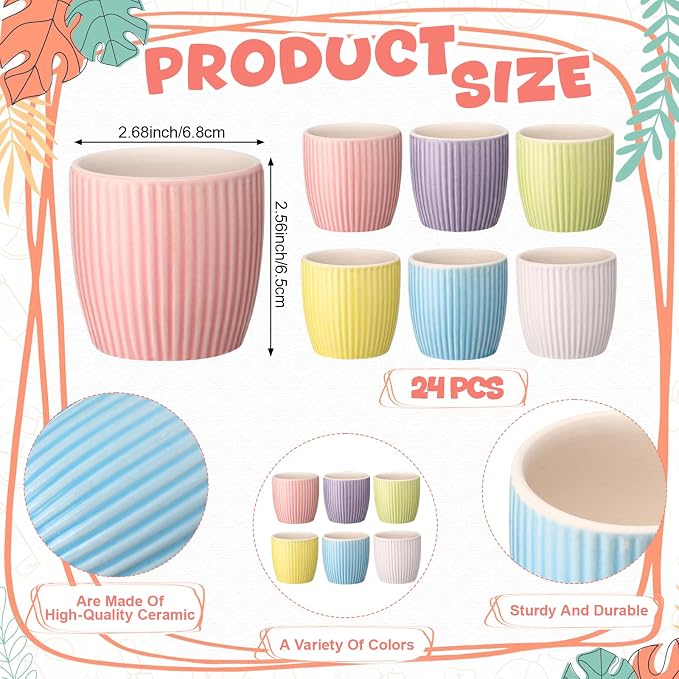 24 Pcs 2.7 Inch Small Succulent Plant Ceramic Pot with Drainage Hole, Cute Mini Succulent Pots for Plants, Succulents, Cactus, DIY Easter Spring Craft Activity, 6 Colors(Vertical Stripes)