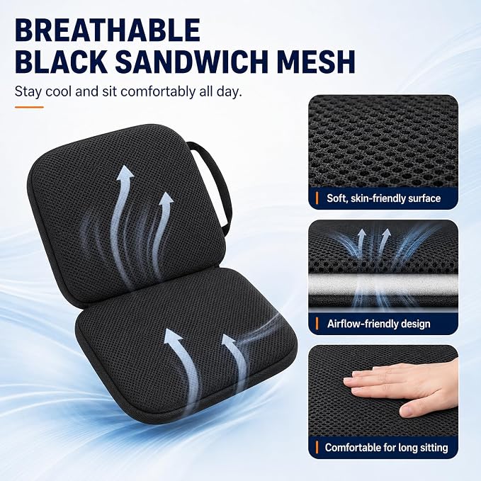 Sojoy 3 in 1 Foldable Gel Seat Cushion Featured with Memory Foam Breathable Seat Cushion for Pressure Relief (Size: 18.5“ x 15" x 2"，Black Mesh)