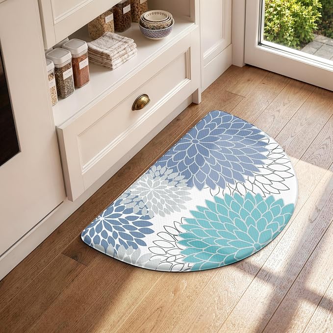 KIMODE Half Circle Kitchen Mats for Floor Cushioned Anti Fatigue Semi Round | Half Round,28"x18",Dahlia Boho,Blue White,Kitchen Rug Non Slip ,Waterproof Sink Floor Mat Carpet Decor for Laundry Bathroom
