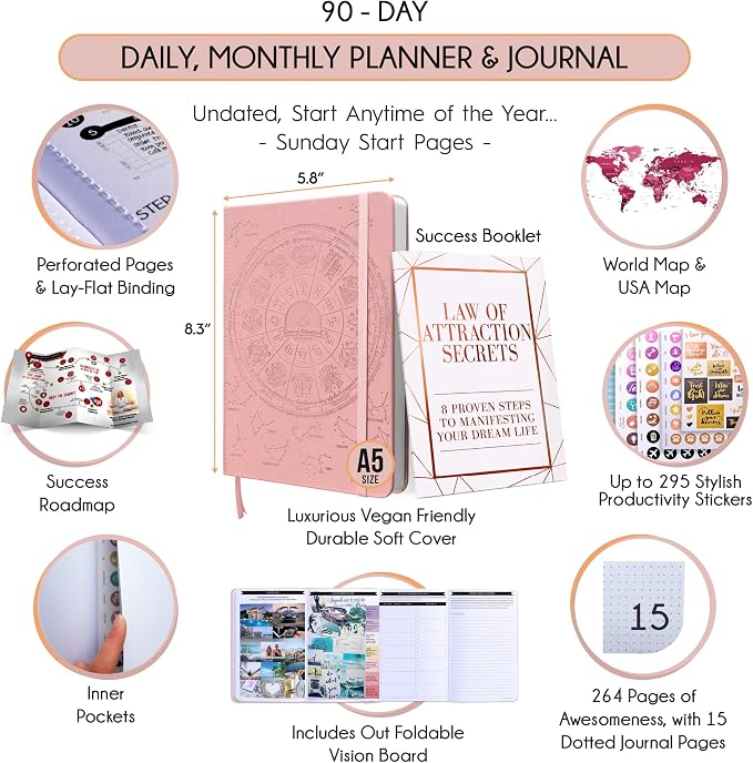 90-Day Goal Planner with Daily Journal, Gratitude & Habit Tracker | Daily Planner, Productivity, Time blocking, Manifestation & Affirmations with Vision Board, Gratitude Journal for Women & Men
