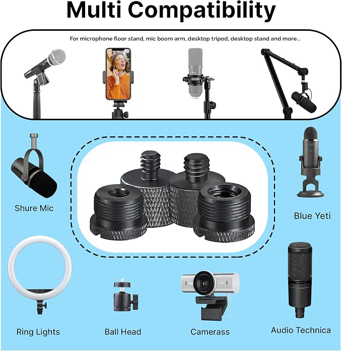 IXTECH Mic Stand Adapter Set - 8 Piece Metal Mic Stand Adapter Kit - 3/8 to 5/8 & 1/4 to 5/8 Female to Male Thread Adapter - Boom Arm Adapter (2)