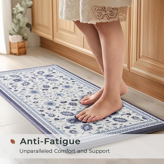 FRESHMINT Vintage Floral Kitchen Mats Set, 17x30''+17x47'', Porcelain Blue | Anti-Fatigue, Non Slip, Comfort, Kitchen Decor, Easy to Clean, Waterproof, Perfect for Kitchen, Laundry, Office