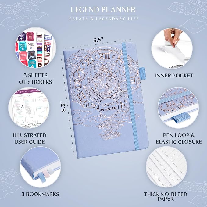 Legend Undated Weekly Planner – Goal Planner Journal & Organizer Notebook – Agenda Book with Monthly Calendar & To-Do List, A5 (Periwinkle, Gold)