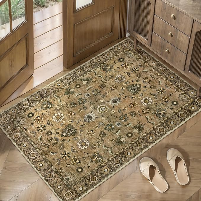 Tangsoo Vintage Brown 2x3 Washable Rugs for Entryway, Small Area Boho Non-Slip Front Door Rug, Farmhouse Accent Rug Doormat, Soft Low Pile Rugs for Indoor Entrance Entry Kitchen Bedroom Home Decor