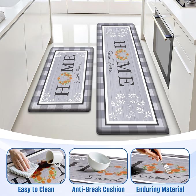 Kitchen Rugs, 2 PCS Kitchen Mats for Floor, Cushioned Non-Slip Anti Fatigue Mats for Kitchen Floor, Kitchen Runner Rugs for Standing Desk, Office, Laundry (17.3’’ x 30’’ + 17.3’’ x 59’’)