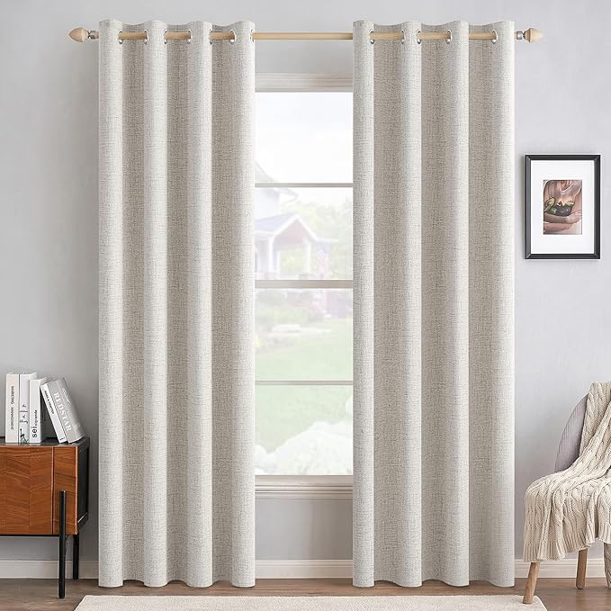 MIULEE 100% Blackout Linen Textured Curtains for Bedroom Solid Thermal Insulated Cream White Grommet Room Darkening Curtains & Drapes Luxury Decor for Living Room 52 x 108 Inch (2 Panels)