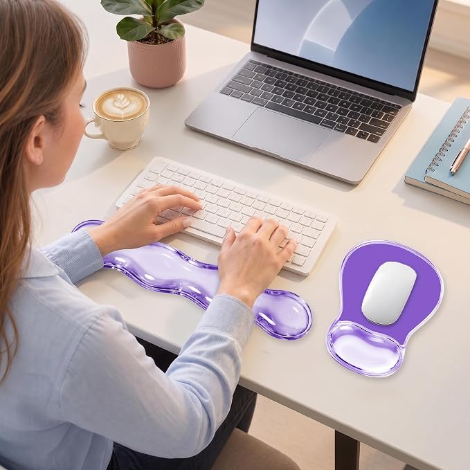 Keyboard Wrist Rest & Ergonomic Mouse Pad with Wrist Rest Set, Cute Transparent Gel Wrist Rest for Keyboard and Mouse, Soft Support for Pain Relief, Office, Gaming Desk Accessories（Purple）