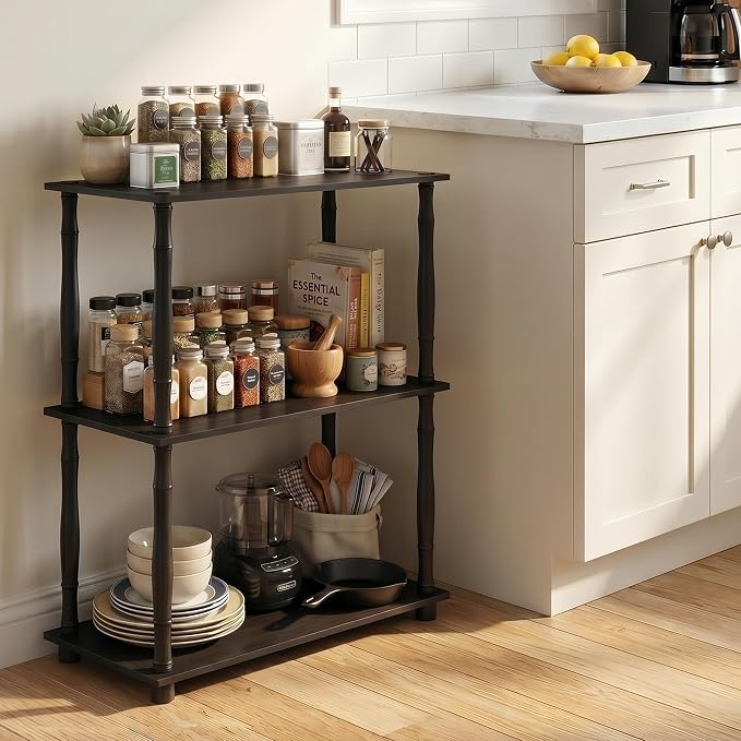 Furinno TURN-N-TUBE Storage Shelves, 3-Tier Book Shelf, Corner Shelf, Toolless Open Shelves, for Organization and Storage, Living Room, Garage, Home Office, Americano