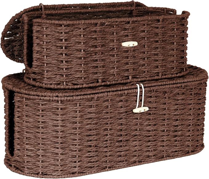 Set of 2 Cable Management Box, Handwoven Cord Hider Box with 3 Open Slots | Cable Organizer Box with Lockable Lid, Cord Storage Box to Hide Power Strip, Router, USB Hub, TV Wires for Home, Office