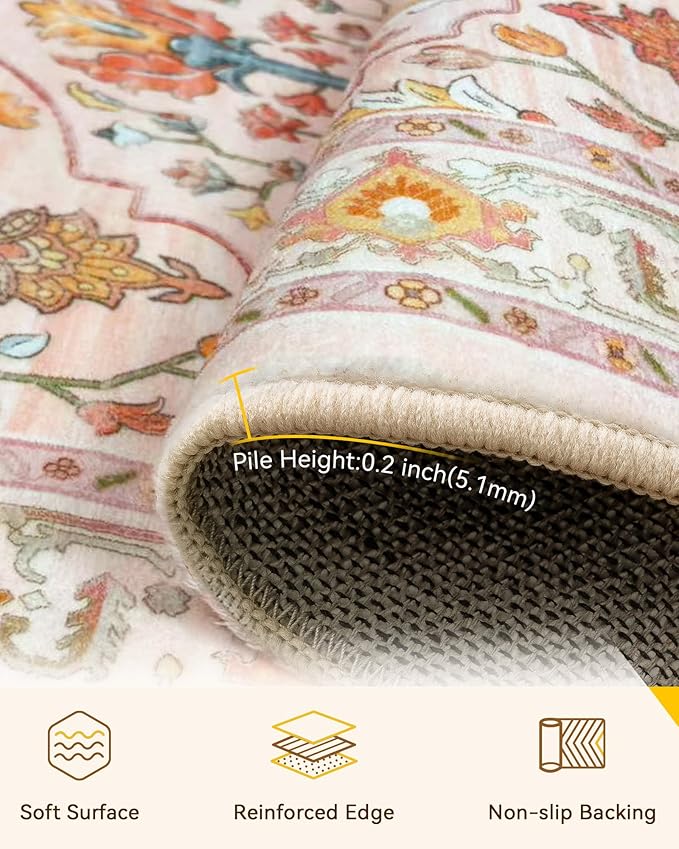 RELEANY Area Rugs Square 4ft Washable Non-Slip, Floral Vintage Distress Medallion Carpet for Living Room Bedroom Dining Room, Light Pink Colorful
