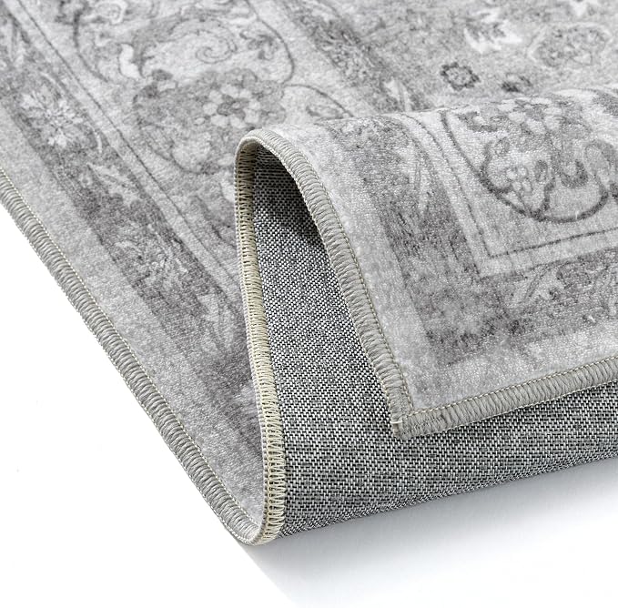 PureCozy Gray 8x10 Area Rug Washable Living Room Vintage Carpet Bedroom Large Indoor Non Slip Soft Low Pile Thin Stain Resistant Distressed Accent Throw Rug for Dining Office Nursery