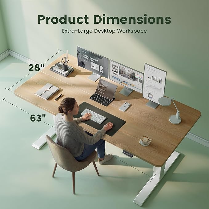 CubiCubi Standing Desk, 63 x 28 Inches Electric Height Adjustable Computer Desk, Sit Stand up Home Office Desk with Memory Presets, Maple
