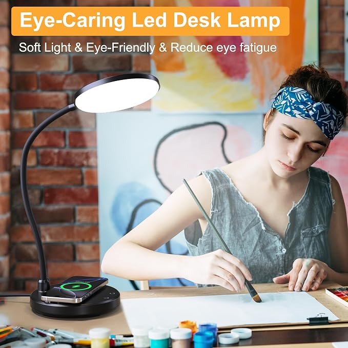 Desk Lamp for Home Office, Small Desk Lamp with Wireless Charger, Dimmable 3 Color Modes Study Lamp, Adjustable Neck 800LM Eye-Caring Desk Light, Bedside, College Dorm, Adapter Included