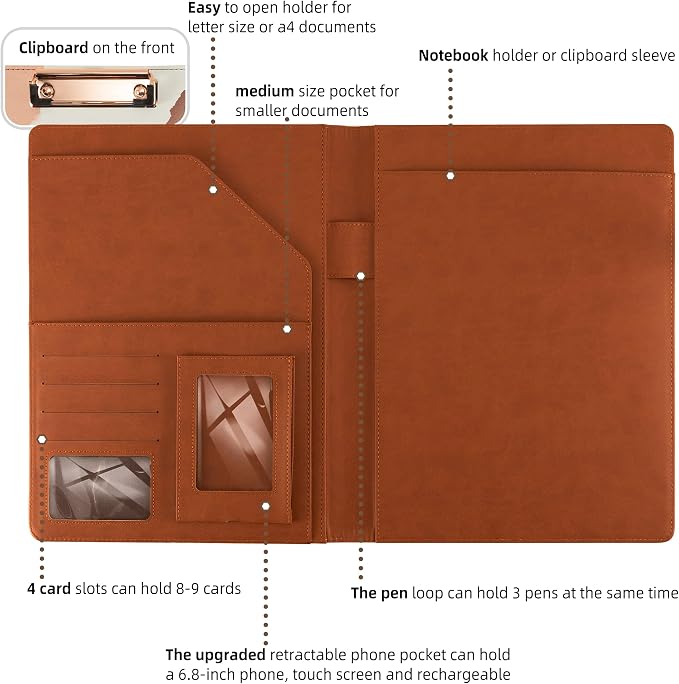 Clipboard Folio Folder Portfolio with Notepad-Pocket Business Card Holder Brown Faux PU Leather Portfolio