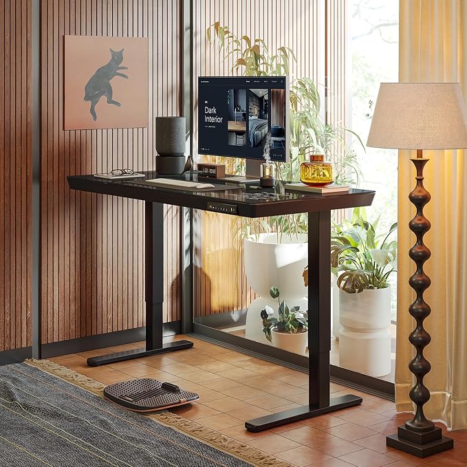 FEZIBO 55 × 24 Electric Standing Desk with Drawers, Whole-Piece Glass Adjustable Height Desk, One-Piece Quick Install Adjustable Sit Stand Desk, Black