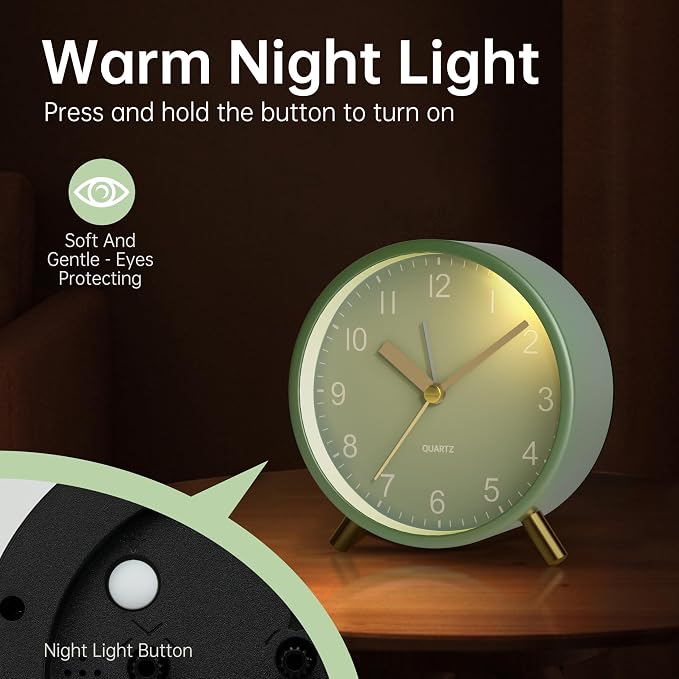 JALL Analog Alarm Clock, 4 inch Super Silent Non Ticking Small Clock with Night Light, Battery Operated, Simple Design, Easy Setting for Office, Bedroom, Bedside, Desk, Teens, Elders, Adult, Green
