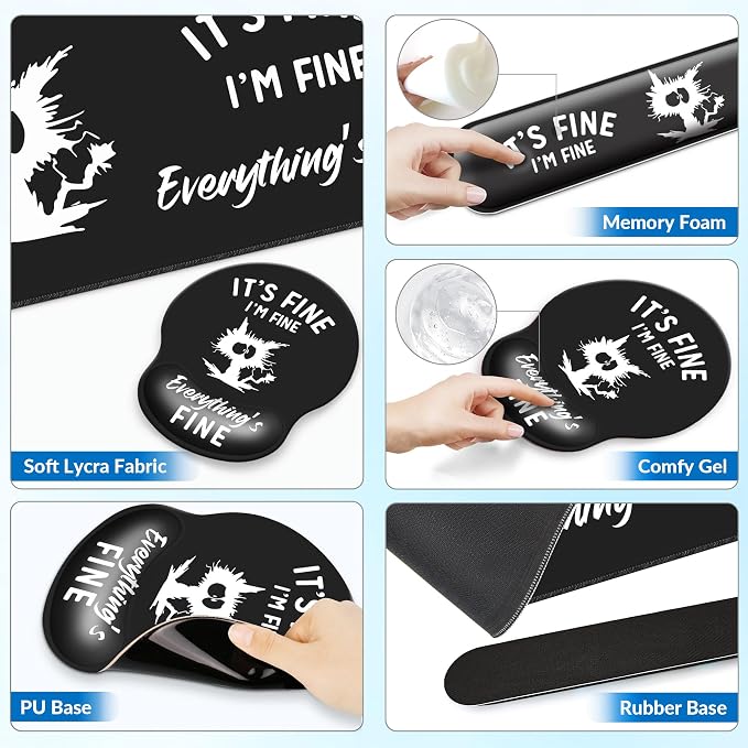 Desk Mat Set + Keyboard and Mouse Pad with Wrist Rest Support,4-in-1 Large Mousepad Computer Mats for Desktop Home & Office-It's fine I'm fine Everything is fine