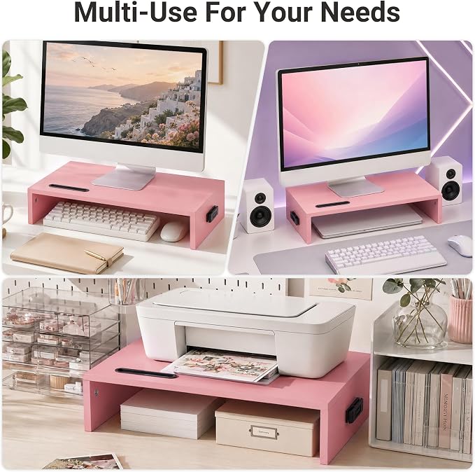 BONTEC Monitor Stand Riser with Cellphone Holder & Cable Management | 16.7 Inch Wood Monitor Riser Stand, Desktop Stand for PC/TV/Laptop/Printer, Pink