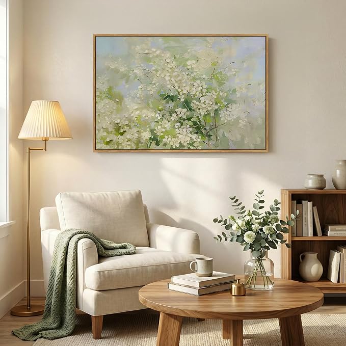 Framed Green Floral Wall Art, Nature Sage Green Vintage Botanical Canvas Painting Prints Artwork for Modern Farmhouse Works, Rustic Cottage Core Abstract Flower for Living Room Bedroom Wall Decor