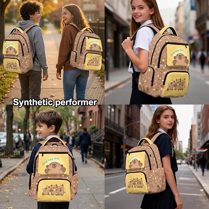 WELLFLYHOM Capybara Stars Bookbag for Girls 8-12 4 PCS School Backpack Set Kids Book Bag with Lunch Box Pencil Case Water Bottle Sleeve Back to School Supplies Gift for Kids