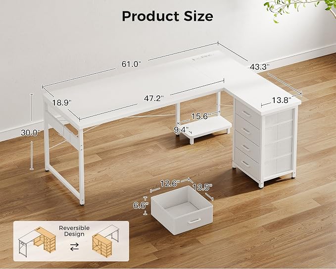 AODK 61" L Shaped Gaming Desk with 4 Drawers and Power Outlets, White | USB Ports, PC Tower Stand, Hooks, Reversible Corner Layout for Gaming Rooms, Bedrooms and Home Office