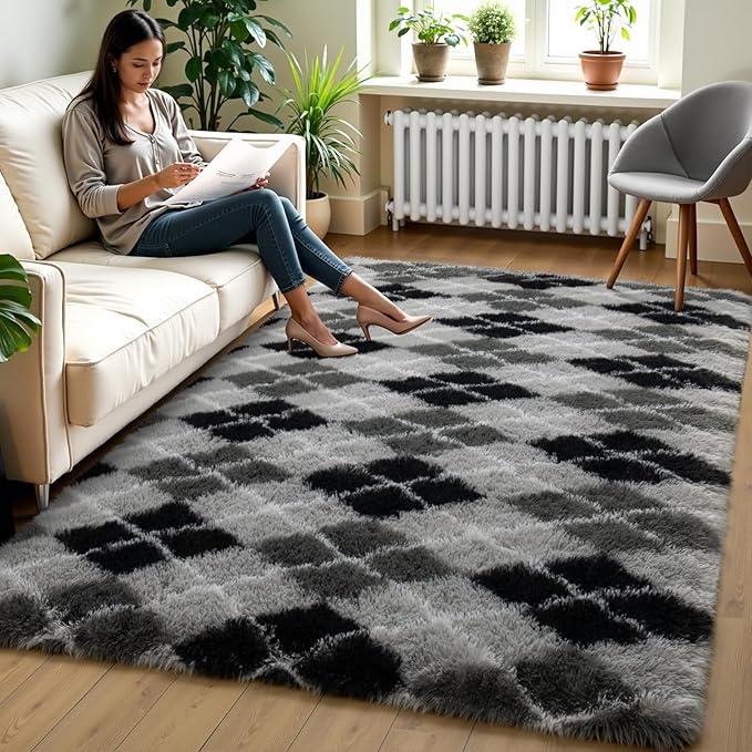 Zentavio Area Rugs for Living Room Large Rugs for Bedroom 6x9 Carpet Fluffy Fuzzy Soft Shag Aesthetic Plush High Pile Gray Throw Rug for Nursery Kids Room Dorm Diomond Black