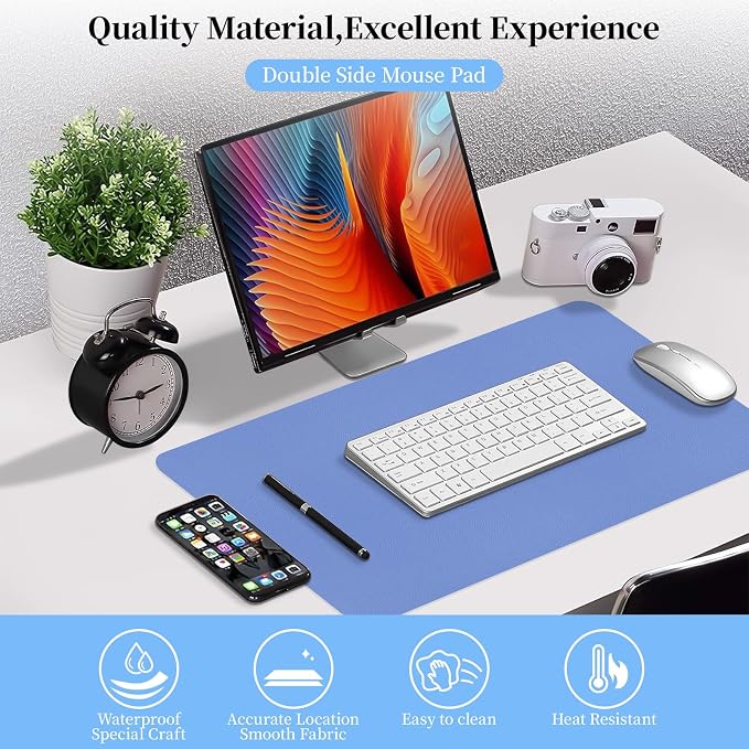 Bloss Blue Leather Desk Mat Protector,Leather Mouse Pad,Laptop Protector Desks Mat,Office Desks Mats,Keyboard Desks Mats,Computer Mat,Dual-Side Waterproof Desk Writing Pad for Office/Home.23.6"x 13.8"