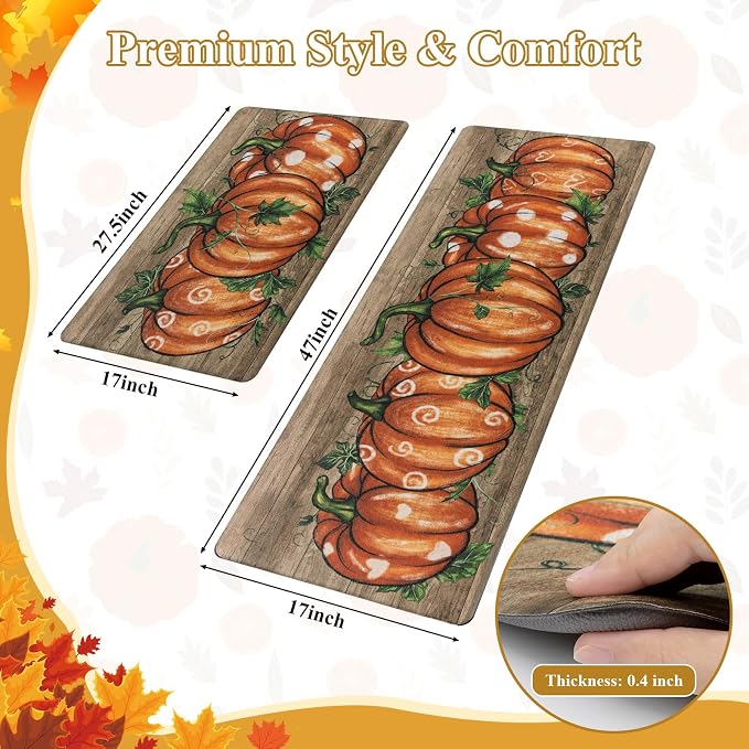 SHACOS Fall Anti Fatigue Kitchen Mats Orange Pumpkins, 17x27.5+17x47 | Wood Board Autumn Harvest Cushioned Kitchen Rugs Set of 2 Non Slip Kitchen Floor Mat Ergonomic Standing Mats